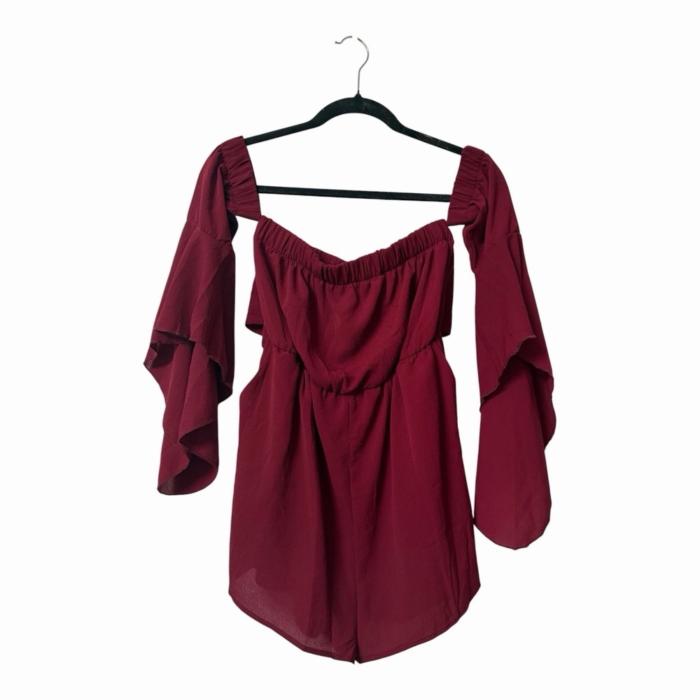 FashionNova Wine Red Romper Bell Sleeve Pockets